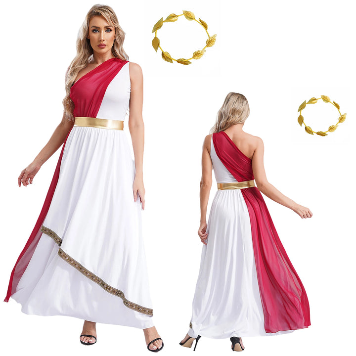 Women Halloween Ancient Greek Dress Ancient Greek Toga Costumes Robe One Shoulder Chiffon Overlay Tunic Dress with Headwear
