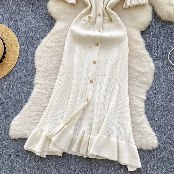 Vintage Single Breasted Women's Knitted Long Dress High Waist Short Sleeve Ruffles Straight Dress