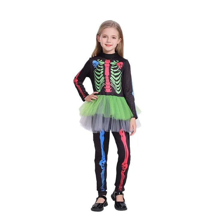 Girls Colorful Skeleton Costume – One-Piece Dress
Spooky & bright!
Fun skeleton print with a pop of color, perfect for Halloween trick-or-treating and parties.
💀 Includes: One-piece tight skirt dress up.
🎃 Perfect for Halloween parties