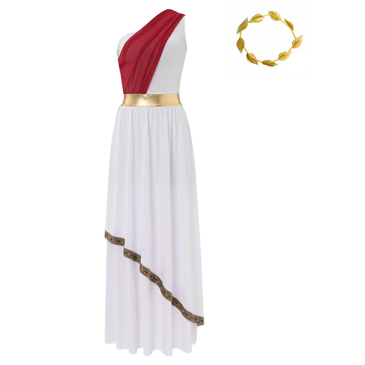 Women Halloween Ancient Greek Dress Ancient Greek Toga Costumes Robe One Shoulder Chiffon Overlay Tunic Dress with Headwear