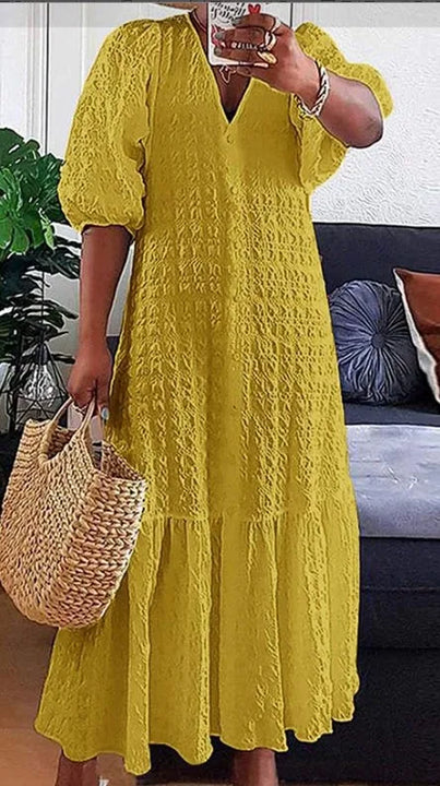 Fashion New Women's Pleated Dress V-neck Single Breasted Casual  Elegant Temperament Style Long Dress