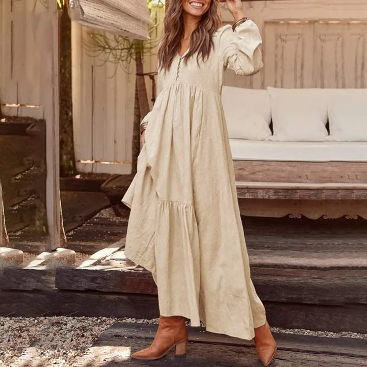 Cotton Linen Women Long Dress.New Look Fashion V-Neck Casual Solid Long Sleeve A-Line Sexy  Elegant Ruffles