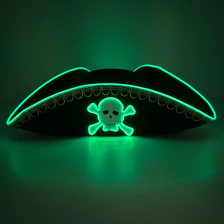 Adults Black Pirate Hats with Skull Pattern Halloween Cosplay Props Parties Caribbean Pirate Costume Hats LED Glowing Party Hat