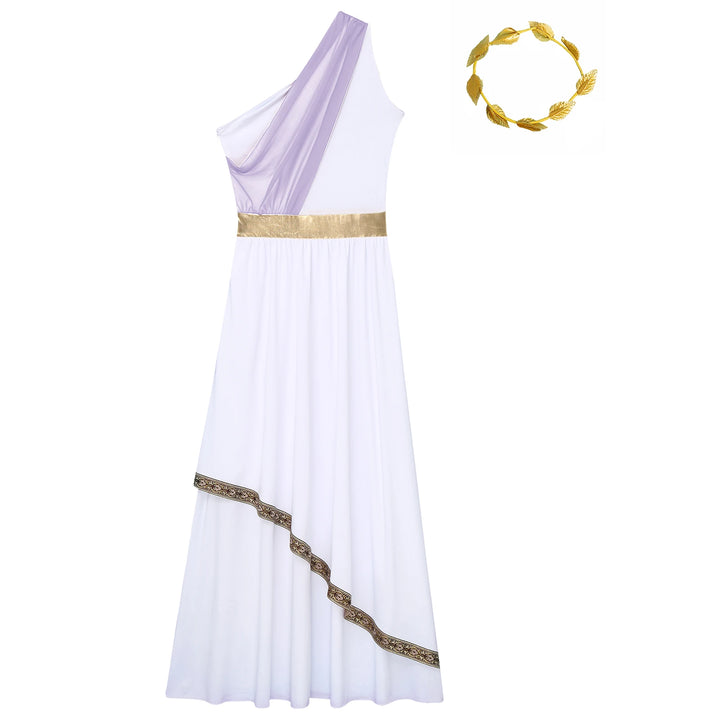 Women Halloween Ancient Greek Dress Ancient Greek Toga Costumes Robe One Shoulder Chiffon Overlay Tunic Dress with Headwear