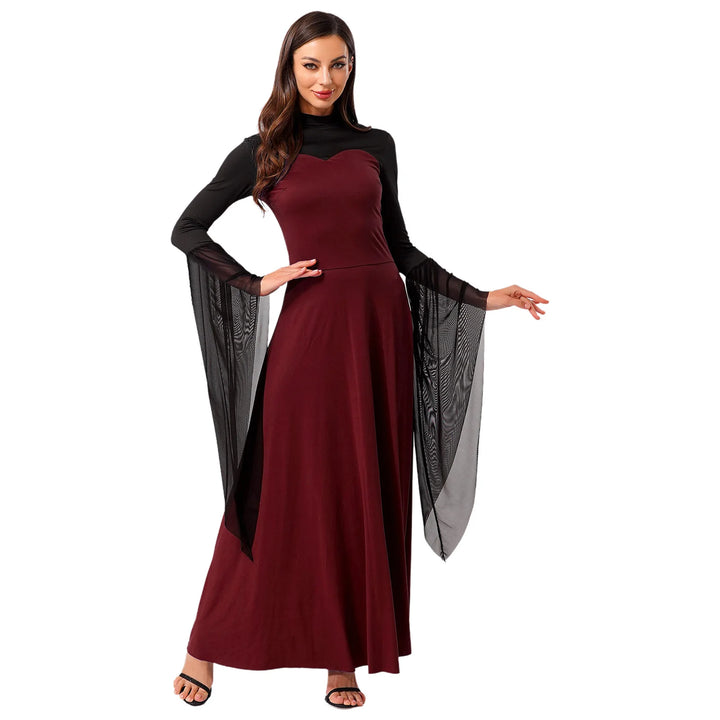Halloween Costume Vampire Witch Cosplay Costume for Women Flared Mesh Cuffs Medieval Witch Maxi Dresses Masquerade Party Dress