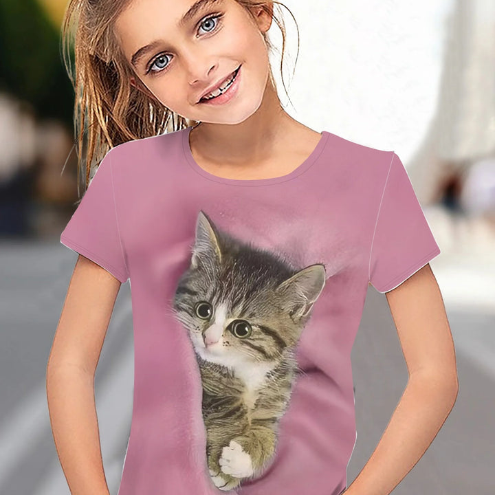 T-Shirt for Girls Cute Kitten Girls Clothes Kids T-Shirt Summer Short Sleeve Children Outdoor Sports Tops T-Shirt for Girls