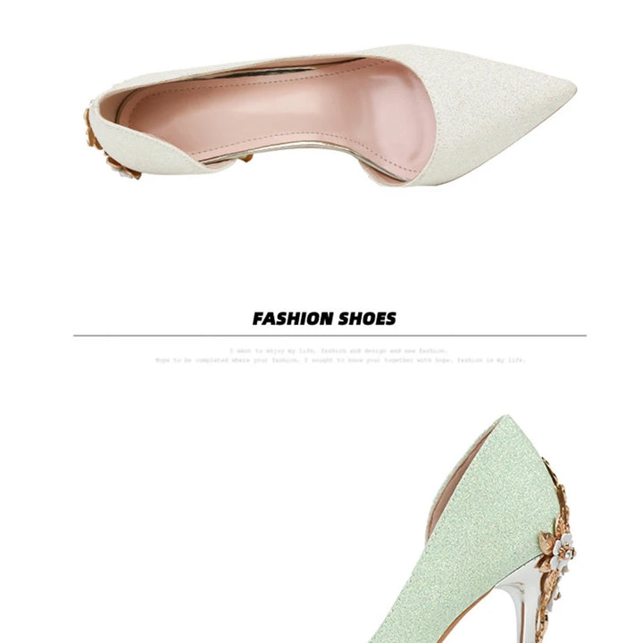 Light Luxury Sexy Women Dress Shoes 2025 Autumn Metal Flower Fashion High Heel Wedding White Pointed Sequins Shiny Female Pumps