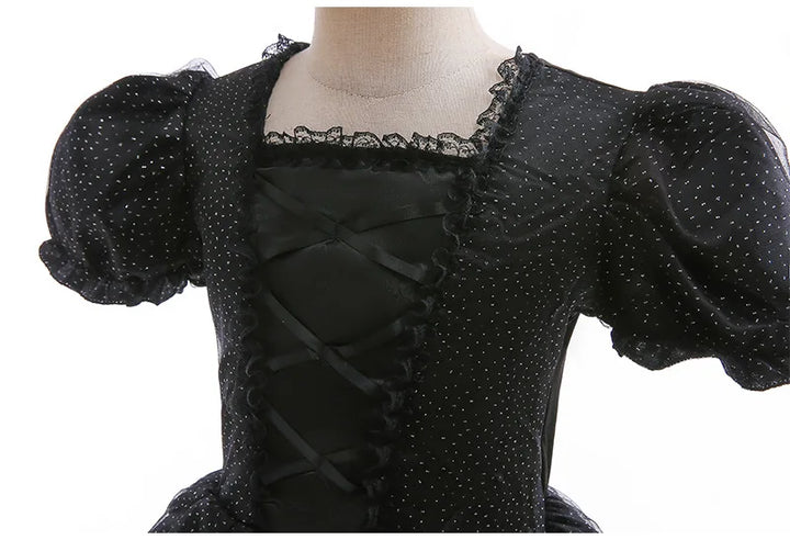 Halloween Costume For Kids Black Witch Dress Luxury Lace Sequin Evil Role Playing Costume Maleficent Dress Up Outfit Ghost Bride