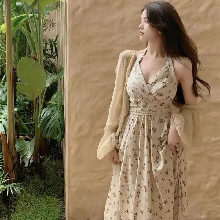New Gentle Wind Fragmented Flower V-Neck Sling Dress Set Waist Wrap Neck Hanging Long Dress Thin Protection Cardigan