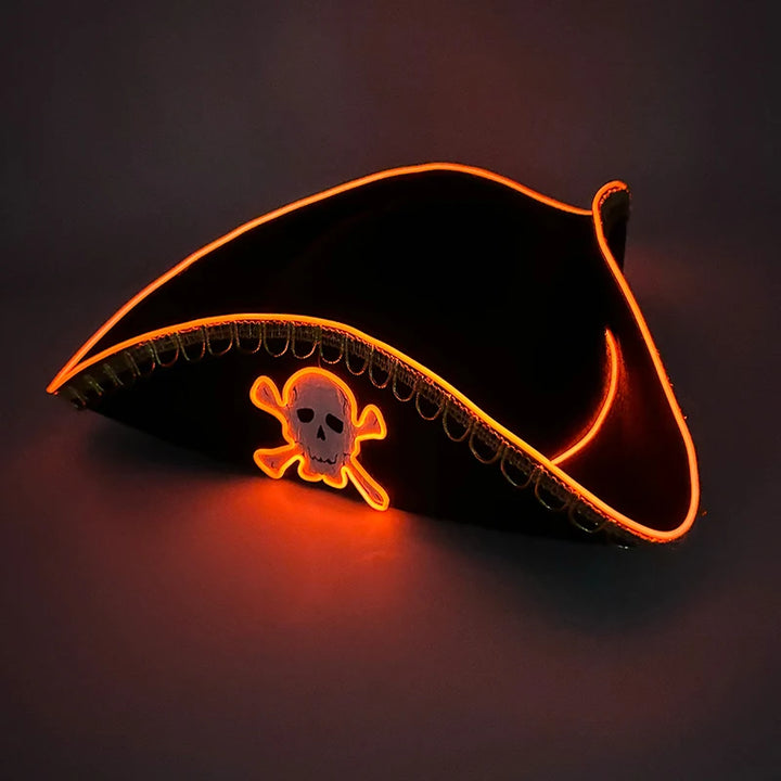 Halloween LED Light Black Pirate Hat For Adult Pirate Theme Party Glowing Cap Cosplay Costume Luminous Hat With Skull Pattern