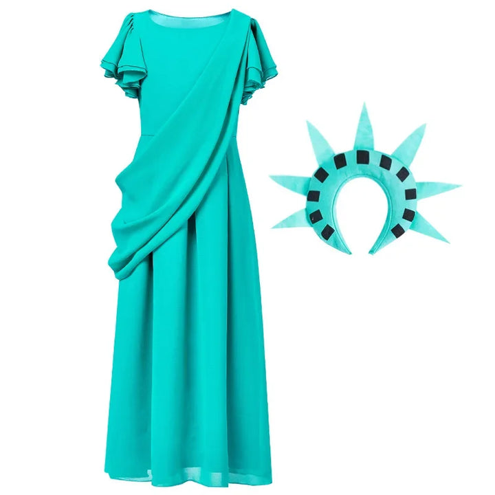 Halloween Carnival Costume Adult and Kids Girls Green Chiffon Party Dress World Statue of Liberty Cosplay Greek Goddess Costume