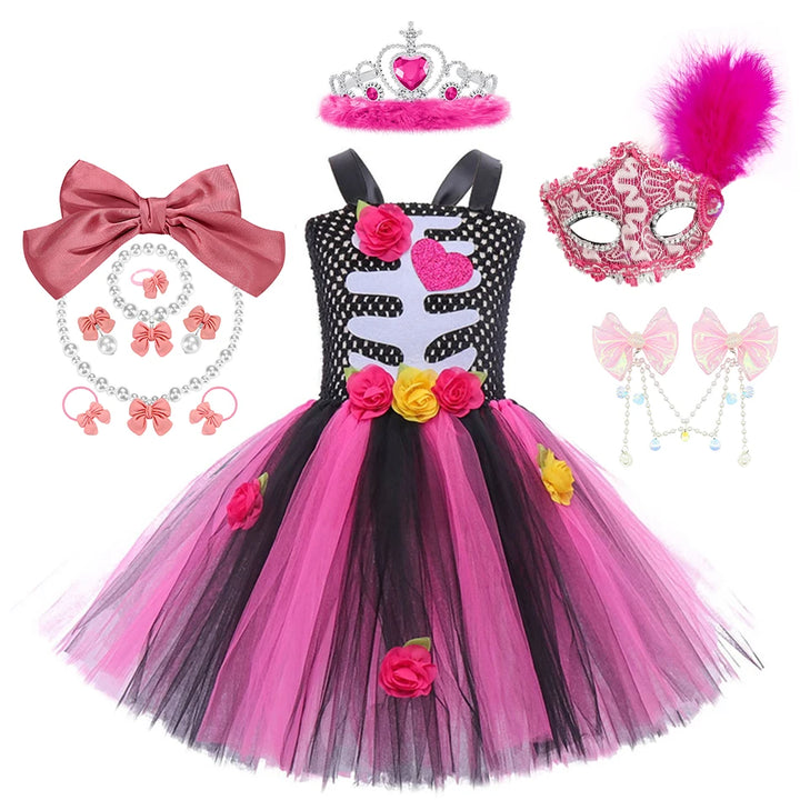 Halloween Kids Dress Cosplay Heart Print Skeleton Costumes Girls Floral Skull Tutu Clothes Children Carnival Performance Outfits