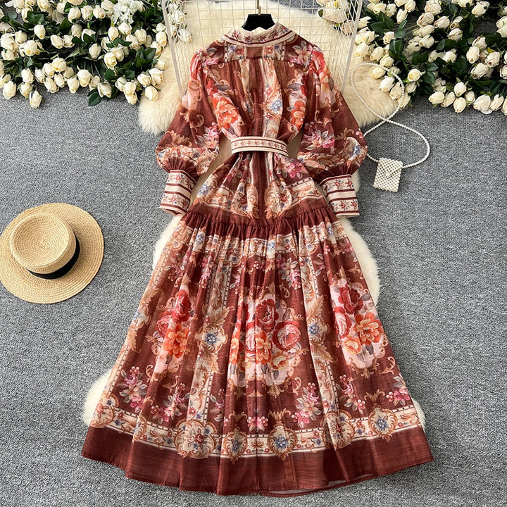 New Retro Court Printed Lapel Lantern Sleeve Cinched Waist Single Breasted Long Sleeve Elegant Long Dress