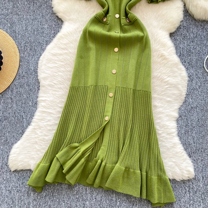 Vintage Single Breasted Women's Knitted Long Dress High Waist Short Sleeve Ruffles Straight Dress