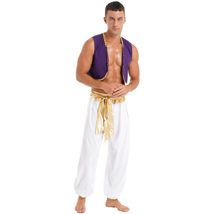 Mens Halloween Costume Mythical Arabian Prince Carnival Cosplay Party Outfit Sequin Trim Waistcoat with Belted Pants