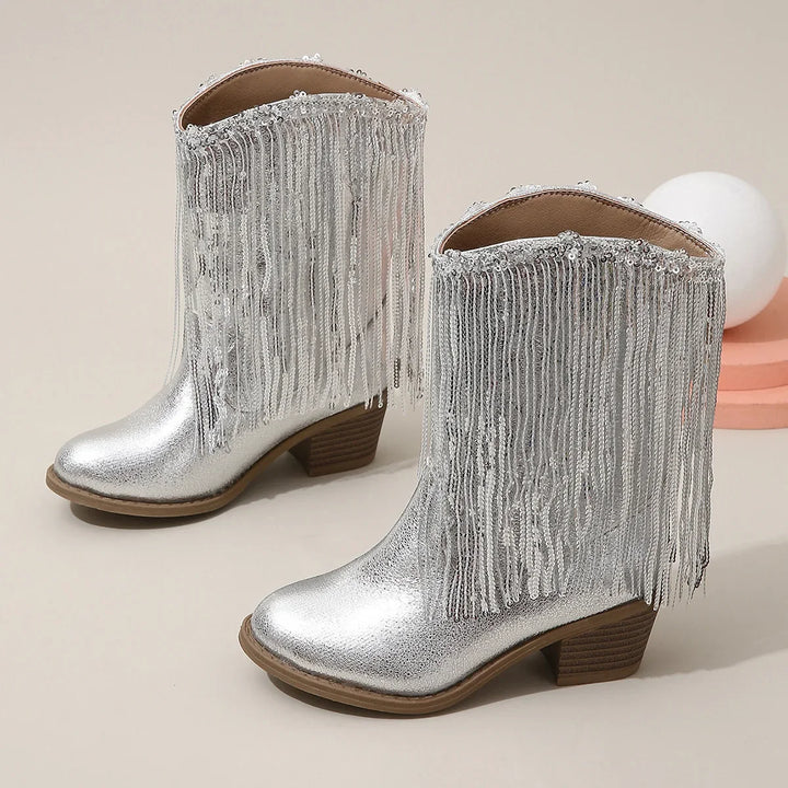 Girls Boots Autumn Winter Toddler Kids Princess Fashion Middle Calf Cowboys Boot Children High Heel Tassel Dance Soft Sole Shoes