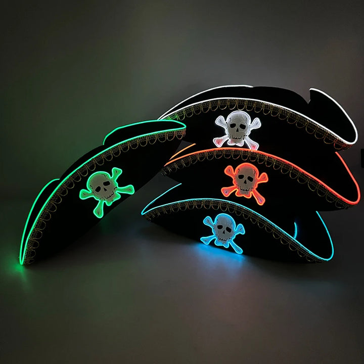 Adults Black Pirate Hats with Skull Pattern Halloween Cosplay Props Parties Caribbean Pirate Costume Hats LED Glowing Party Hat