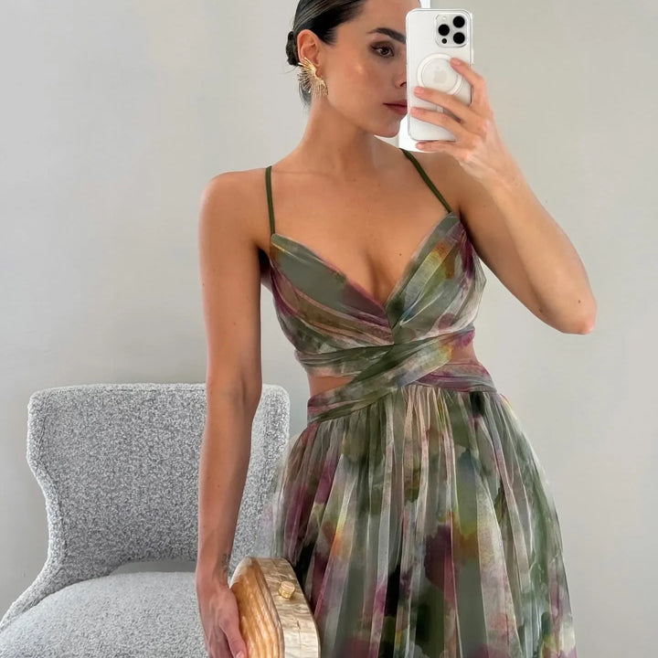 Out Party Dress, Loungewear Fashion Printing Maxi Dress, Sleeveless Lace-Up