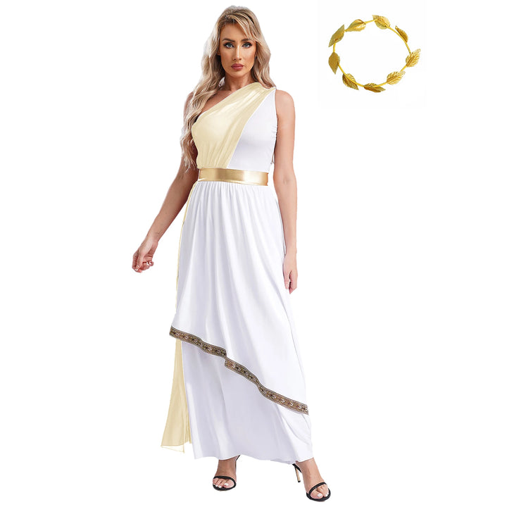 Women Halloween Ancient Greek Dress Ancient Greek Toga Costumes Robe One Shoulder Chiffon Overlay Tunic Dress with Headwear