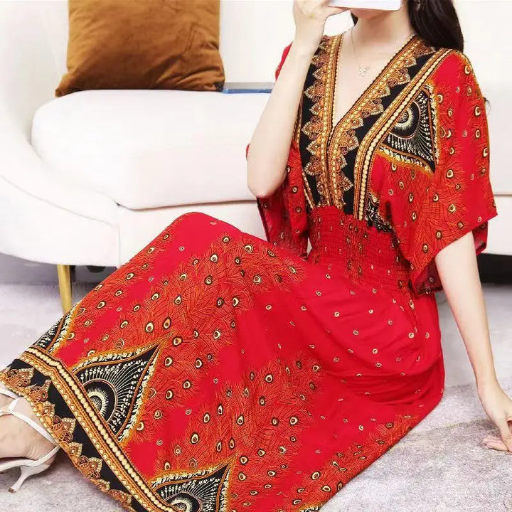V-neck Large Skirt Hem Casual Sweet Long Dress Bat Sleeves Elastic Waist Bohemian Print Floral Elegant .