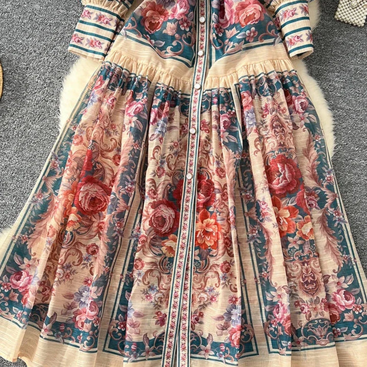 New Retro Court Printed Lapel Lantern Sleeve Cinched Waist Single Breasted Long Sleeve Elegant Long Dress