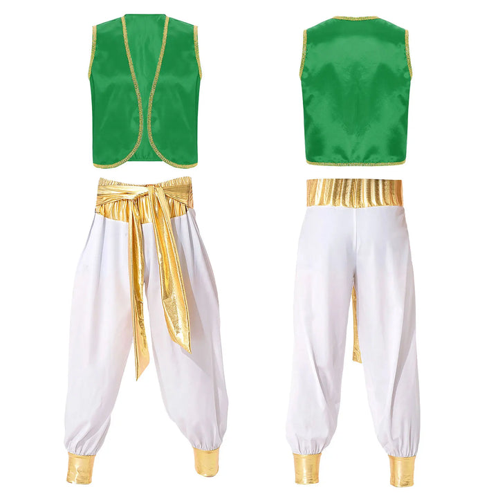 Mens Halloween Costume Mythical Arabian Prince Carnival Cosplay Party Outfit Sequin Trim Waistcoat with Belted Pants