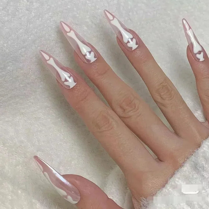 10pcs Halloween Goth Bone Press On Nail-Glossy Long Almond Shape False Nail Sweet and Cool Full Cover Design for Women and Girls