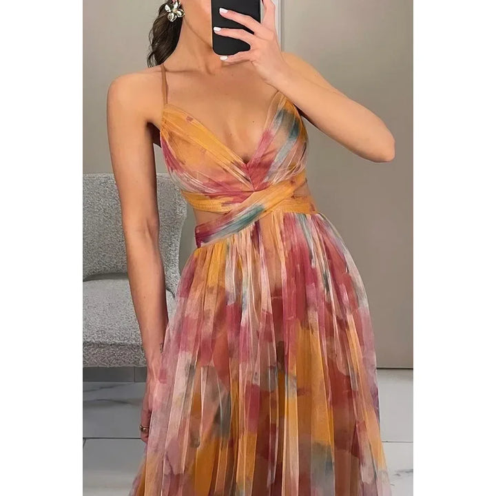 Out Party Dress, Loungewear Fashion Printing Maxi Dress, Sleeveless Lace-Up