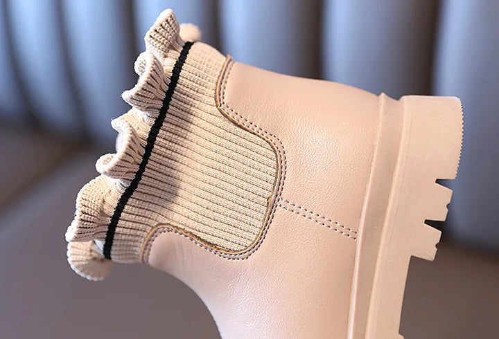 Girls Boots Fashio Knitted Ankle Boots Autumn Winter Soft Leather Slip on Kids Shoes Princess Non-slip Plush Snow Boots ботинки