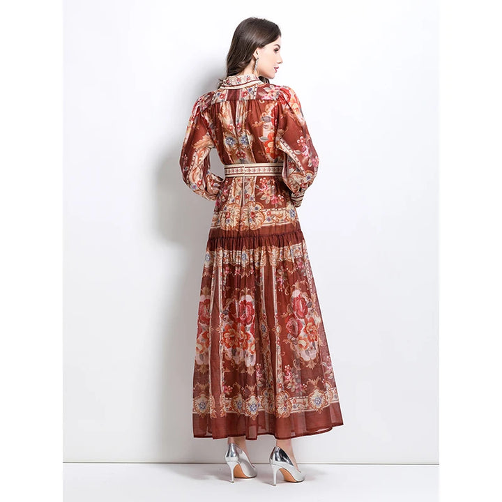 New Retro Court Printed Lapel Lantern Sleeve Cinched Waist Single Breasted Long Sleeve Elegant Long Dress
