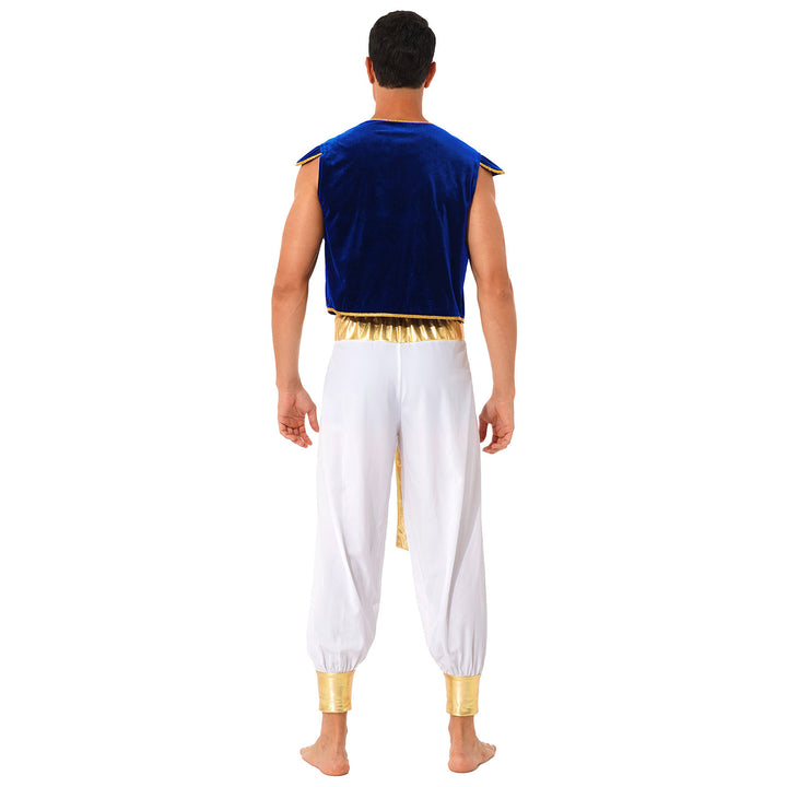 Mens Halloween Costume Mythical Arabian Prince Carnival Cosplay Party Outfit Sequin Trim Waistcoat with Belted Pants