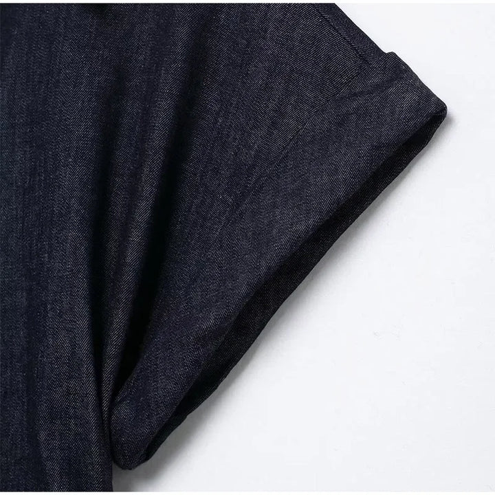V-neck Denim Dress Fashion Slim Long Dress Chic Short Sleeves Single Button High.
