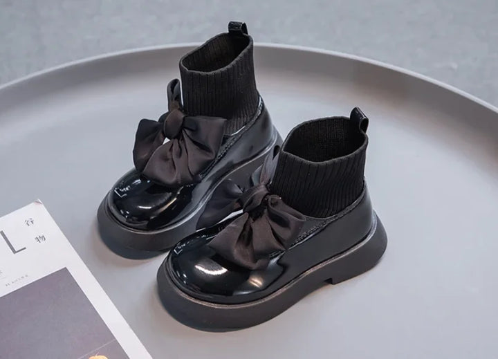 Children's Boots Fashion PU Solid Black Bow Girls Uniform 2025 Spring and Autumn New Kids Fashion Flying Knit School Socks Shoes