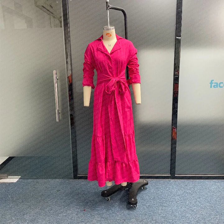 Women Long Sleeve dress Turn Down Collar Single Breasted Button Solid Loose fit