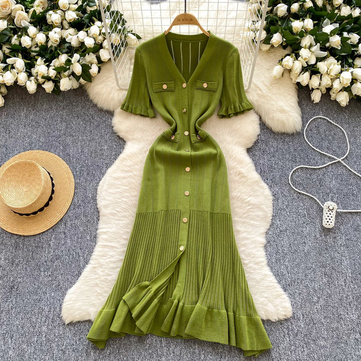 Vintage Single Breasted Women's Knitted Long Dress High Waist Short Sleeve Ruffles Straight Dress