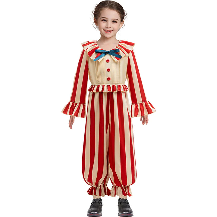 Halloween Funny Clown Cosplay Costume For Children Red Striped Jumpsuit Boys Girls Party Dresses Up Ruffle Girl Clothes Outfits