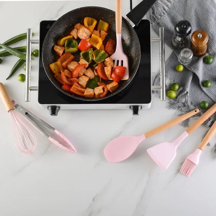 Pink Cooking Kitchenware Tool Silicone Utensils With Wooden Multifunction Handle Non-Stick Spatula Ladle Egg Beaters Shovel