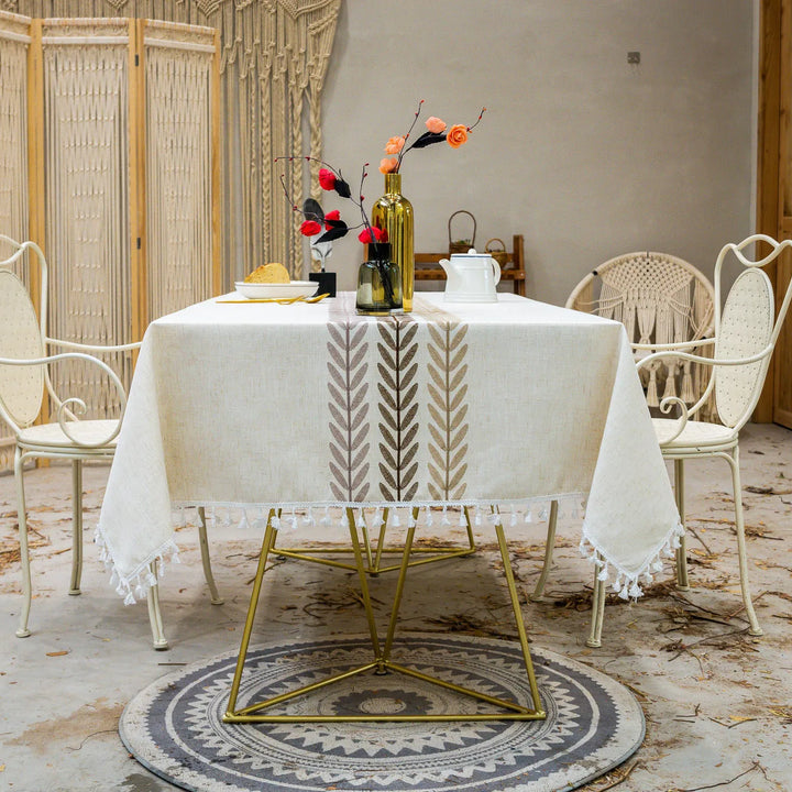 orthern European simple tassel cotton linen table cloth embroidery flower leaves party American decorative dust table cloth