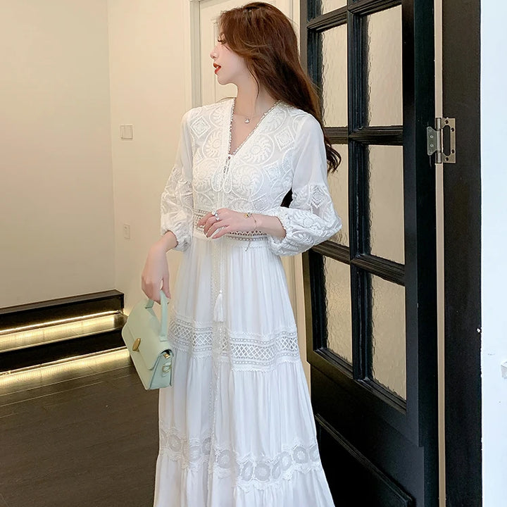 White Long Dress Boho Hollow Out Dress Ladies Elegant Vintage Loose Vestidos