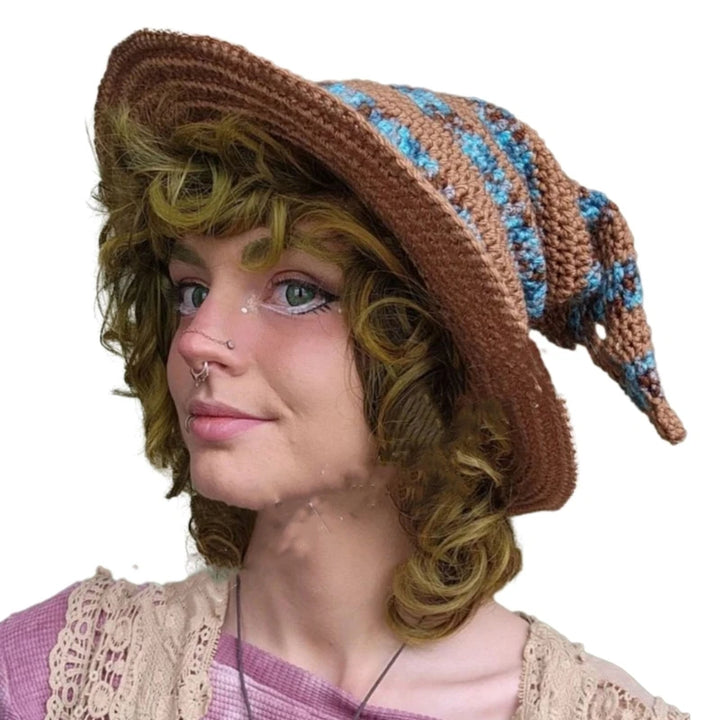 1PC Halloween Party Crocheted Witch Hats Party Wide Brim Pointed Hat Accessory Funny Cosplay Witch Hat with Stripes Photo Prop