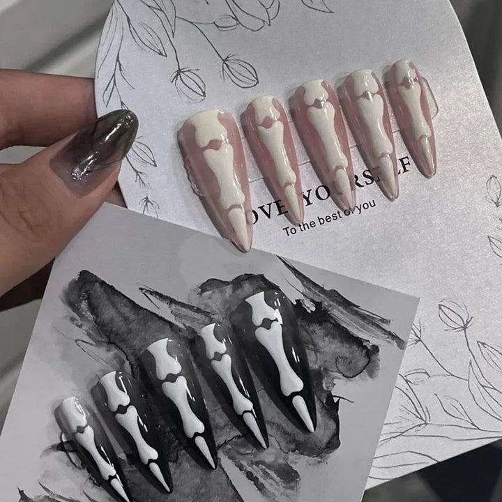 10pcs Halloween Goth Bone Press On Nail-Glossy Long Almond Shape False Nail Sweet and Cool Full Cover Design for Women and Girls