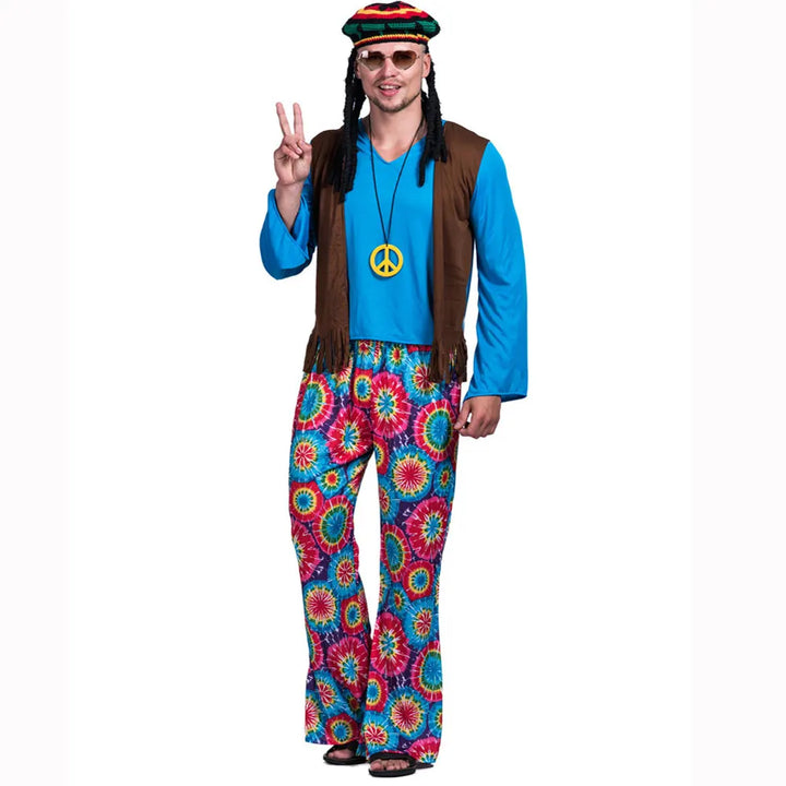 Men’s 60s & 70s Hippie Costume Set – Retro Pants, Shirt, Fringe Vest, Necklace, Glasses & Rasta Hat with Dreadlocks"✨ Step back in time with this complete 60s & 70s hippie outfit! Perfect for Halloween, retro parties, music festivals, and themed events.