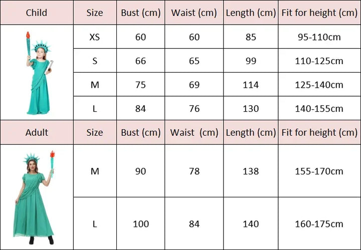 Halloween Carnival Costume Adult and Kids Girls Green Chiffon Party Dress World Statue of Liberty Cosplay Greek Goddess Costume