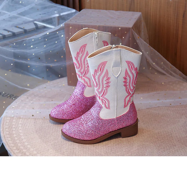 Girls Boots Toddler Snow Gear Mid Calf Glitter Western Cowboy Boot 2025 Autumn Big Kid Riding Girls Botas Size 27-36 Kids Shoes