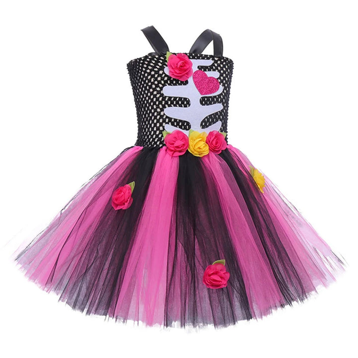 Halloween Kids Dress Cosplay Heart Print Skeleton Costumes Girls Floral Skull Tutu Clothes Children Carnival Performance Outfits