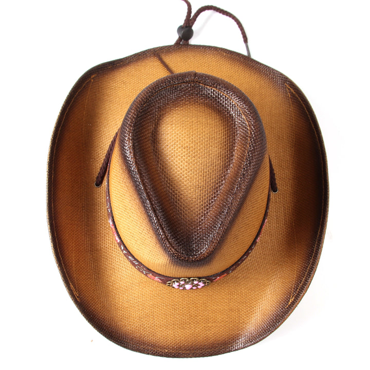 [Elegant Western Cowboy Hat] Natural Straw Western Cowboy Hat - Elegant Women's with Floral Embroidery, Sun Protection, Adjustable Drawstring, Perfect for Summer Outdoor Adventures