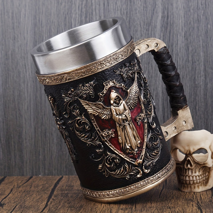 1pc Horror Death Coffee Mug - 600ml/20oz Stainless Steel Grim Reaper Skull Water Cup - Unique Summer Winter Drinkware for Home Kitchen, Spooky Birthday and Halloween Gifts