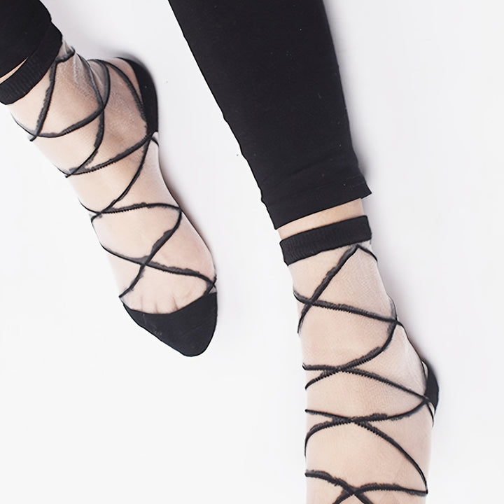 5 Pairs Lace Semi-Sheer Crew Socks, Cute & Comfortable Mesh Stockings, Women's Socks & Hosiery