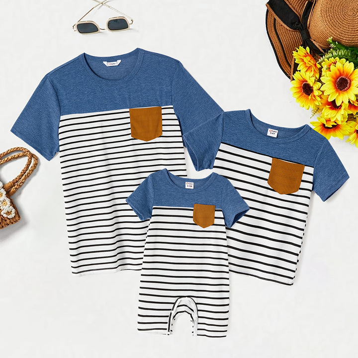 PatPat Family Matching Blue Cap-sleeve Belted Midi Dresses And Short-sleeve Striped Spliced T-shirts Sets, Men Women Baby Kid's Clothes For Family Activities