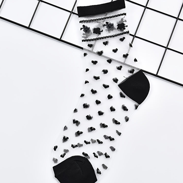 5 Pairs Lace Semi-Sheer Crew Socks, Cute & Comfortable Mesh Stockings, Women's Socks & Hosiery